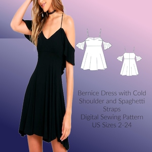 Op de afbeelding: Een digitaal naaipatroon voor een zwarte jurk met koude schouders en spaghettibandjes. Het patroon heet "Bernice Dress" en is verkrijgbaar in Amerikaanse maten 2-24.