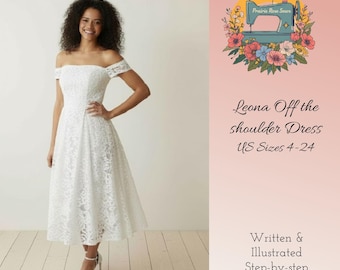 Patrón de costura digital para vestido de novia midi con hombros descubiertos / Tallas 2-24 (EE. UU.) / Patrón de costura en PDF para un vestido de novia fácil de hacer.