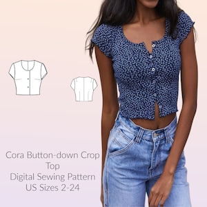 Padrão de costura de blusa curta de malha com botões e manga curta, padrão de costura DIGTIAL tamanhos EUA 2-24, formatos A4/Carta e A0, PDF de costura