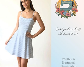 Patrón de costura para vestido corto con falda circular y tirantes finos (PDF) / Tallas 2-24 / Vestido fácil de hacer para verano