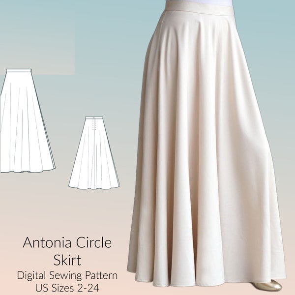 Antonia Full Length Circle Skirt Digital Sewing Pattern, US Sizes 2-24, DIGITAL Pattern, sewing PDF