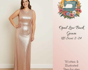 Patrón de costura para vestido largo hasta el suelo con espalda baja en PDF: Patrón digital de vestido elegante, tallas 2-24 (EE. UU.)