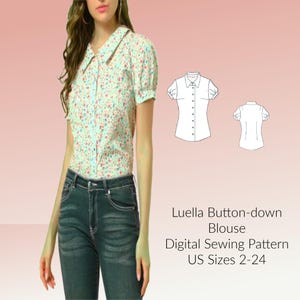 Short Sleeve Button-Down Shirt Sewing Pattern PDF, Classic Blouse Design, Digital Pattern US Sizes 2-24, Easy DIY Sewing Tutorial