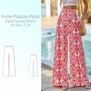 Può includere: Un cartamodello digitale per pantaloni palazzo Esme, con un disegno a linea dei pantaloni in due taglie. Il testo "Esmé Palazzo Pants" e "Digital Sewing Pattern" è visualizzato in testo nero. Il testo "US Sizes 2-24" è visualizzato in testo nero. Una donna indossa un paio di pantaloni bianchi con un motivo floreale rosso. I pantaloni sono larghi e fluidi.