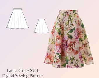 Laura Circle Skirt Below the Knees Digital Sewing Pattern, US Sizes 2-24, DIGITAL Pattern, sewing PDF, A4 format, A0 format