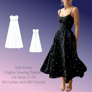 Vestido midi, tirantes finos, falda circular, patrón de costura digital, tallas estadounidenses 2-24, patrón DIGITAL, PDF de costura, formato A4/Carta, formato A0