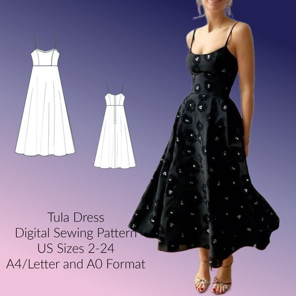 Tula dress, spaghetti strap, Digital Sewing Pattern, US Sizes 2-24, DIGITAL Pattern, sewing PDF, A4/Letter format, A0 format