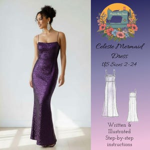 Puede incluir: Una mujer con un vestido largo morado con lentejuelas y tirantes finos. El vestido tiene una silueta de sirena. La imagen también incluye un gráfico con el texto "Celeste Mermaid Dress" y "US Sizes 2-24".