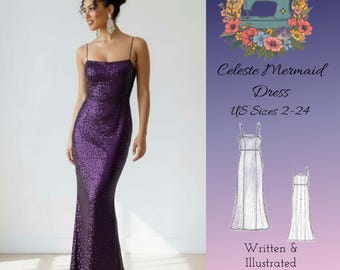 Vestido de sirena ajustado, largo hasta el suelo, patrón de costura digital, tallas 2-24 (EE. UU.), PDF, formato carta A4