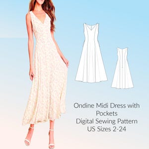 Beginner Friendly Sleeveless V-Neck Midi Dress with Pockets Digital PDF Sewing Pattern |Sizes 2-24 |A4&A0 Format |Easy Dress, Gift for Women