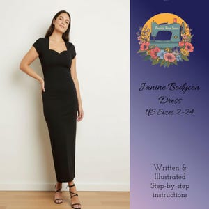 Może przedstawiać: Kobieta w czarnej sukience bodycon z dekoltem w kształcie serca. Sukienka jest długa i dopasowana. Obraz zawiera tekst "Janine Bodycon Dress" i "US Sizes 2-24". Obraz zawiera również logo z tekstem "Prairie Rose Sews".