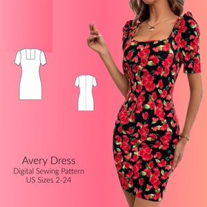 CLEARANCE Knit Summer Dress with Puff Sleeves, Square Neckline, above the knee dress DIGITAL Sewing Pattern, US Sizes 2-24, Pdf