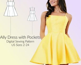 Ally jurk met zakken DIGITALE PDF naaipatroon, Amerikaanse maten 2-24