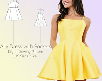 Spaghetti Strap Dress, dress with Pockets, flowy skirt, party dress DIGITAL PDF sewing pattern, US Sizes 2-24
