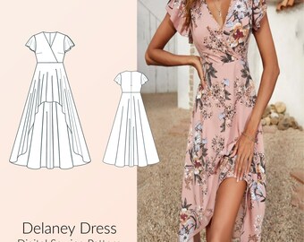 Vestido Delaney con falda asimétrica, mangas con volantes y escote cruzado. Patrón de costura digital. Tallas estadounidenses 2-24.