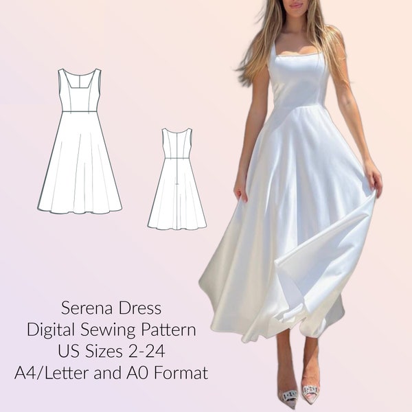 Serena Sleeveless Midi Dress DIGITAL PDF sewing pattern, US Sizes 2-24