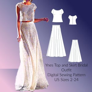 Peut inclure: Patron de couture numérique pour une tenue de mariée composée d'un haut et d'une jupe. Le patron comprend un haut court à manches courtes et une jupe longue. Le patron est disponible en tailles US 2-24. Ynes Top and Skirt Bridal Outfit Digital Sewing Pattern US Sizes 2-24