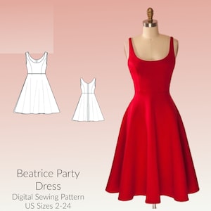 Beatrice Party Dress Circle Skirt DIGITAL PDF sewing pattern, US Sizes 2-24