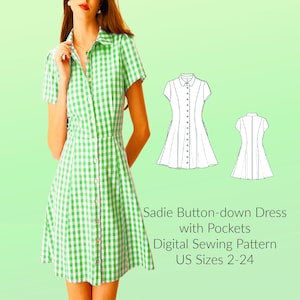 Può includere: Un cartamodello digitale per un abito con bottoni e tasche. L'abito ha un motivo a quadri vichy verde e bianco. Il cartamodello è disponibile nelle taglie italiane 38-52. Sadie Button-down Dress with Pockets Cartamodello digitale Taglie italiane 38-52