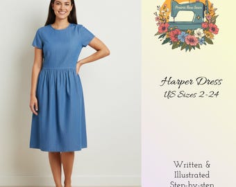 Patrón de costura para vestido con falda fruncida en PDF, con bolsillos y mangas cortas, tallas 2-24 (EE. UU.) Descarga digital