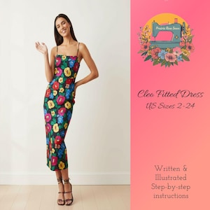 May include: A fitted black dress with a vibrant floral pattern featuring red, yellow, and blue flowers. The dress has thin straps and a midi length. The image also includes the text "Cleo Fitted Dress" and "US Sizes 2-24".