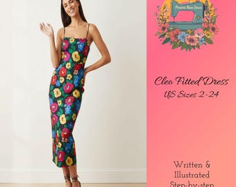 Patrón de costura digital para vestido midi ajustado con tirantes finos, tallas 2-24 (EE. UU.) (PDF)