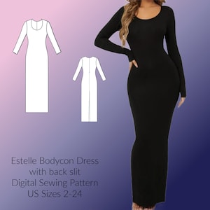 Knit Bodycon Long Dress with back slit DIGITAL Sewing Pattern, US Sizes 2-24, PDF