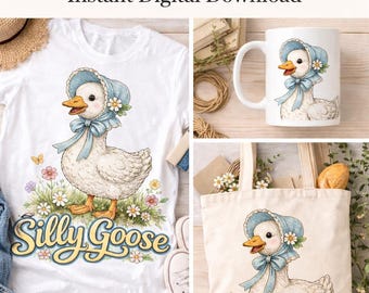 PNG de sublimación de Silly Goose / Gráfico animal estilo cottagecore / Floral / Diseño de sublimación para camisetas / Descarga instantánea