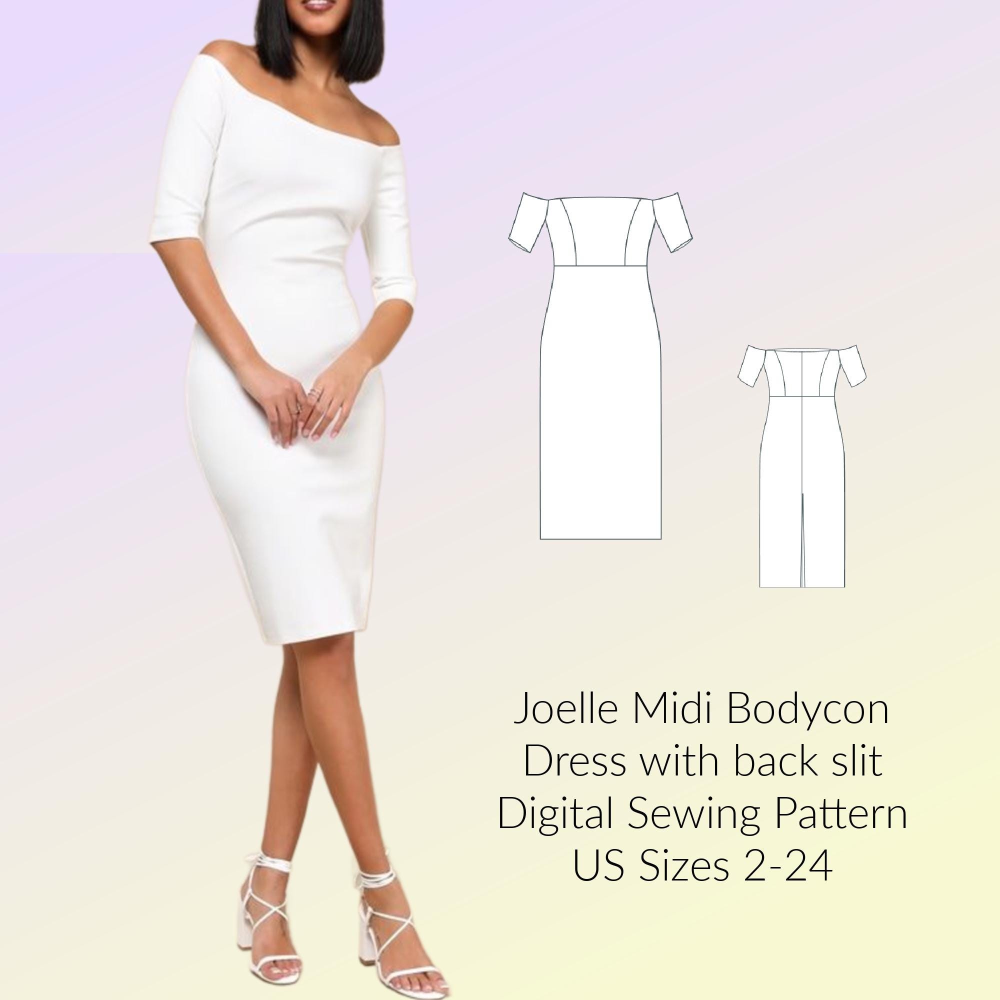 Bodycon Off the Shoulder Midi Dress Sewing Pattern, PDF Digital File for US Sizes 2-24, A4 Format