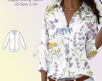 Liz Classic Button-Down Shirt Blouse Sewing Pattern,DIGTIAL Sewing pattern US Sizes 2-24, sewing PDF