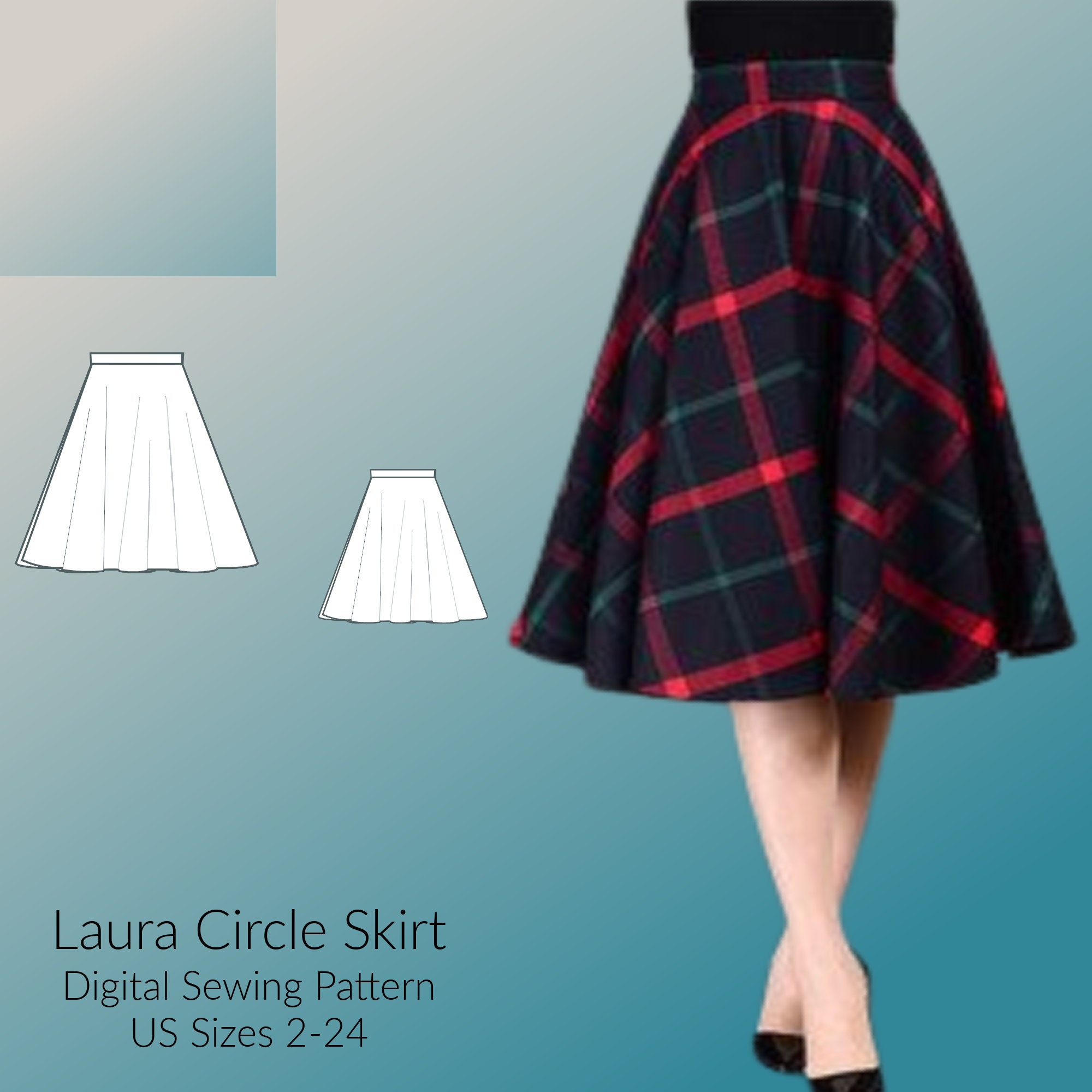 Midi Circle Skirt, Below the Knees Skirt, Digital Sewing Pattern, US Sizes 2-24, DIGITAL Pattern, sewing PDF, A4 format, A0 format