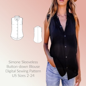Può includere: Un cartamodello digitale per una blusa senza maniche con bottoni. Il cartamodello è disponibile nelle taglie US 2-24. L'immagine mostra una blusa nera con colletto bianco e bottoni.