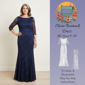 Molde em PDF para vestido sereia justo ao corpo - Manga 3/4, decote canoa, comprimento até o chão, tamanhos EUA 2-24, perfeito para a mãe da noiva.