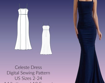Celeste Bodycon Mermaid Dress DIGITAL Sewing Pattern, US Sizes 2-24, PDF, A4/Letter format, A0 format