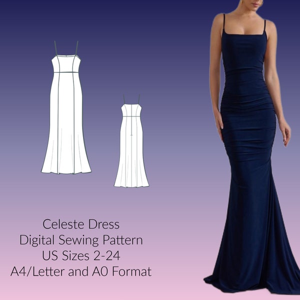 Patron de couture numérique de robe moulante sirène Celeste, tailles US 2-24, PDF, format A4/Letter, format A0