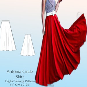 Antonia Full Length Circle Skirt Digital Sewing Pattern, US Sizes 2-24, DIGITAL Pattern, sewing PDF