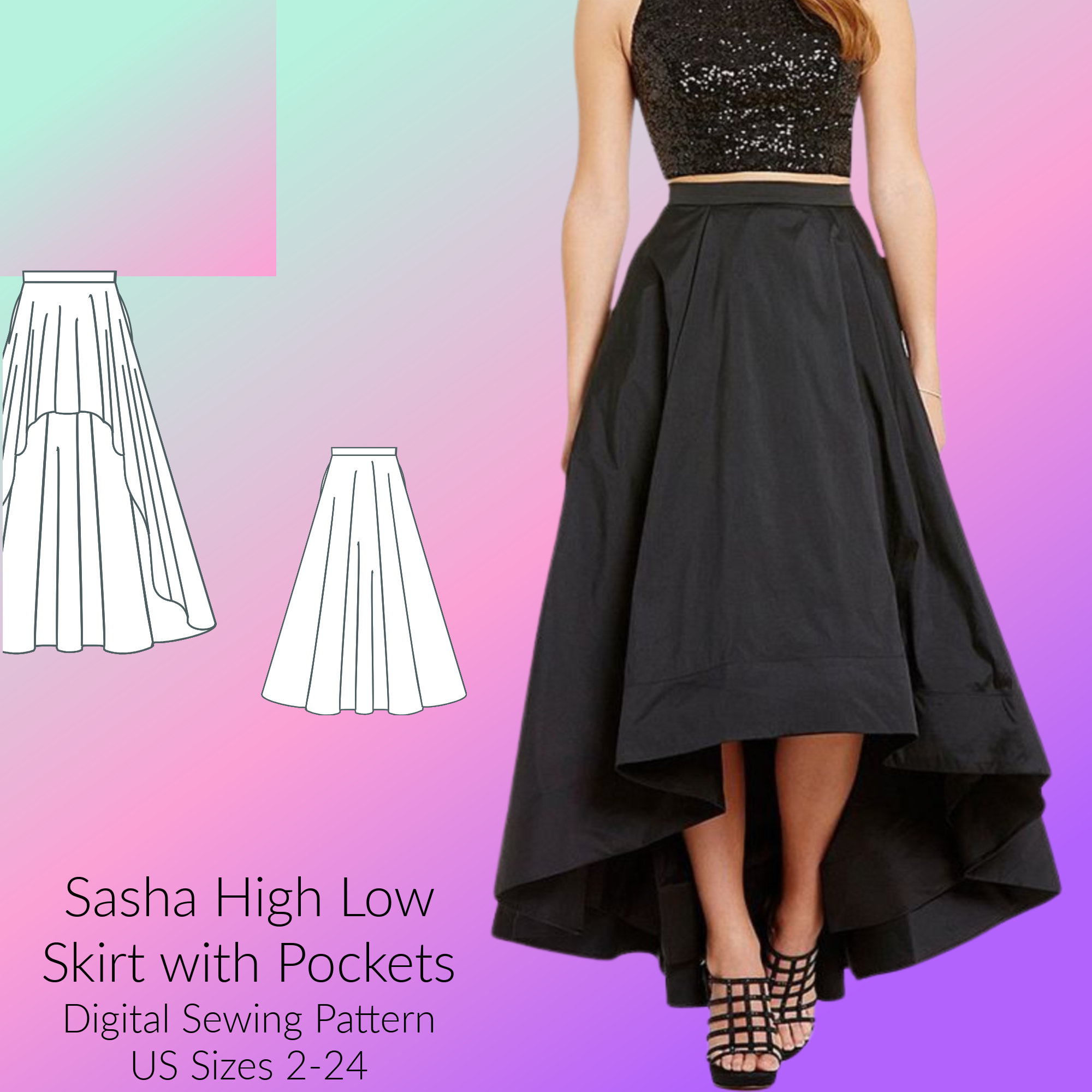 Sasha High low Skirt With Pockets Digital Sewing Pattern US Sizes 2 24 DIGITAL Pattern Sewing PDF Etsy