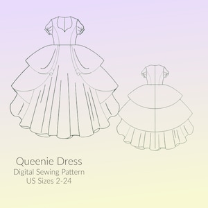 Queenie Dress Princess Style Digital Sewing Pattern, US Sizes 2-30, DIGITAL Pattern, sewing PDF