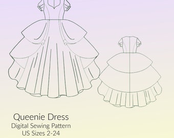 Queenie Dress Princess Style Modèle de couture numérique, tailles américaines 2-30, modèle NUMÉRIQUE, couture PDF
