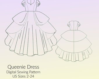 Queenie Dress Princess Style Digital Sewing Pattern, US Sizes 2-30, DIGITAL Pattern, sewing PDF