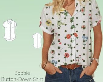 Short Sleeve Button-Down Shirt Blouse Sewing Pattern, classic shirt pattern, DIGTIAL Sewing pattern US Sizes 2-24, sewing PDF