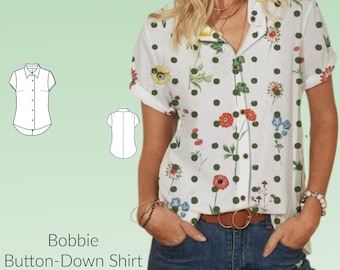 Bobbie Short Sleeve Button-Down Shirt Blouse Sewing Pattern,DIGTIAL Sewing pattern US Sizes 2-24, sewing PDF