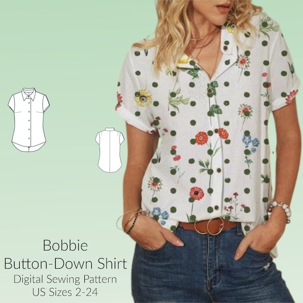 Bobbie Short Sleeve Button-Down Shirt Blouse Sewing Pattern,DIGTIAL Sewing pattern US Sizes 2-24, sewing PDF