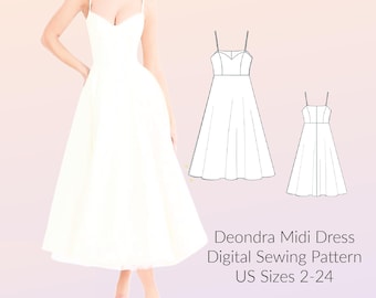 Spaghetti Strap Midi Dress Sewing Pattern PDF | Sweetheart Circle Skirt | US Sizes 2-24 | Digital Download