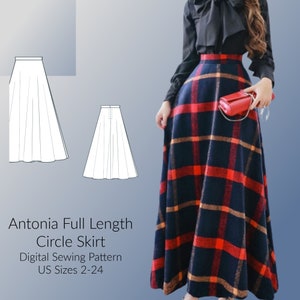 Antonia Full Length Circle Skirt Digital Sewing Pattern, US Sizes 2-24, DIGITAL Pattern, sewing PDF