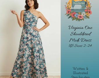 Patrón de costura para vestido midi de un solo hombro (PDF) – Descarga digital, tallas (EE. UU.) 2-24, tutorial de costura DIY