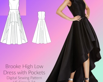 Brooke High Low Dress, Sleeveless, Digital Sewing Pattern, US Sizes 2-24, DIGITAL Pattern, sewing PDF