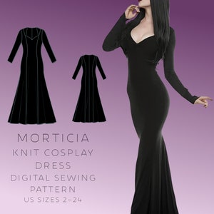Morticia Cosplay Bodycon Dress DIGITAL Sewing Pattern, US Sizes 2-24, PDF