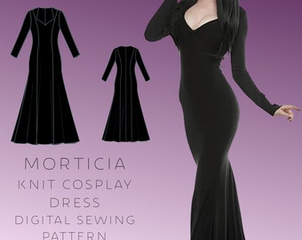 Morticia Cosplay Bodycon Vestido DIGITAL Patrón de costura, US Tallas 2-24, PDF