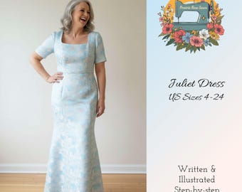Patrón de costura en PDF para vestido de novia con escote cuadrado ajustado, talla 2-24, largo hasta el suelo, tamaño A4, descarga gratuita. Vestido de novia DIY.